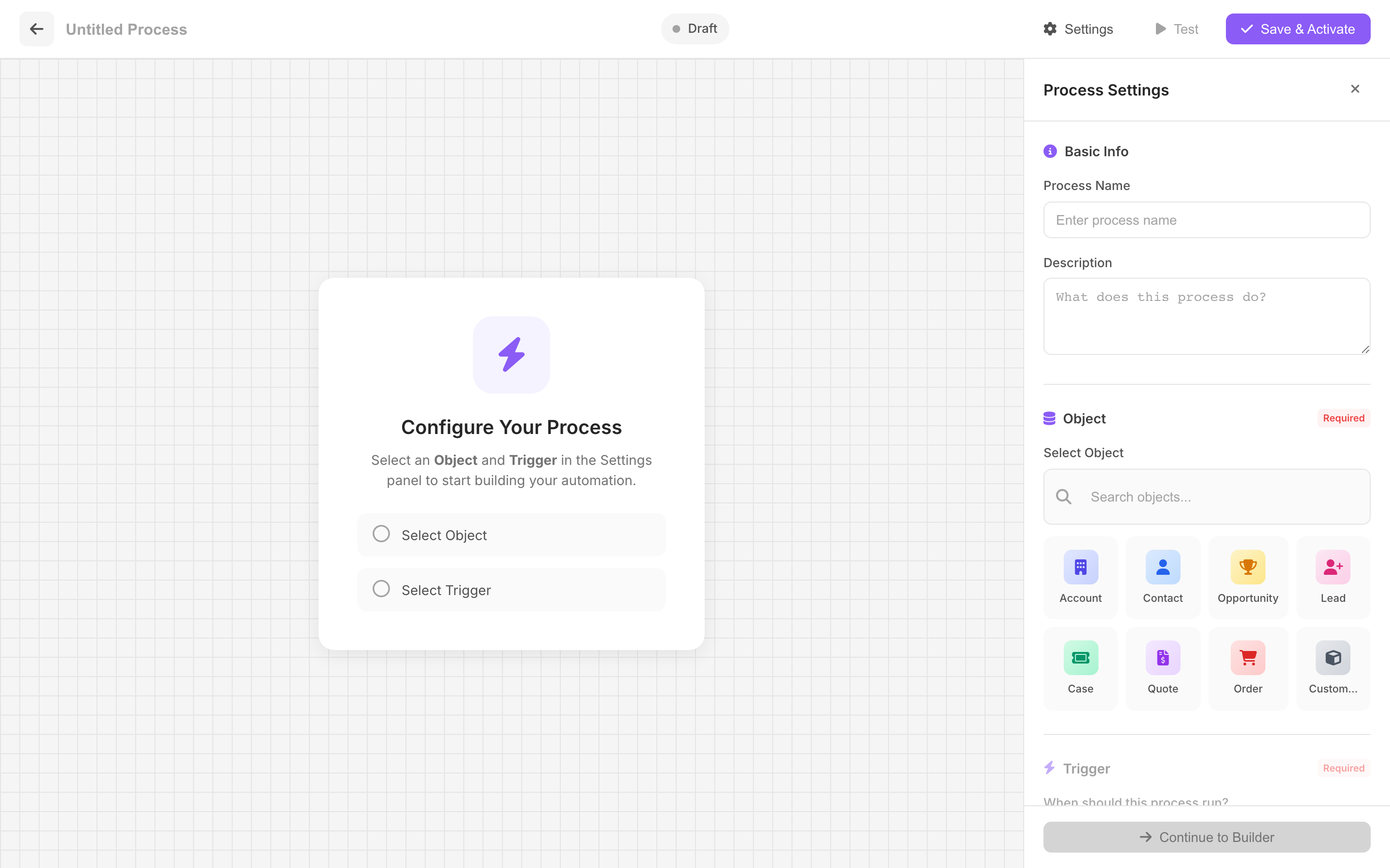 Process editor with step library showing document, callout, and Chatter steps