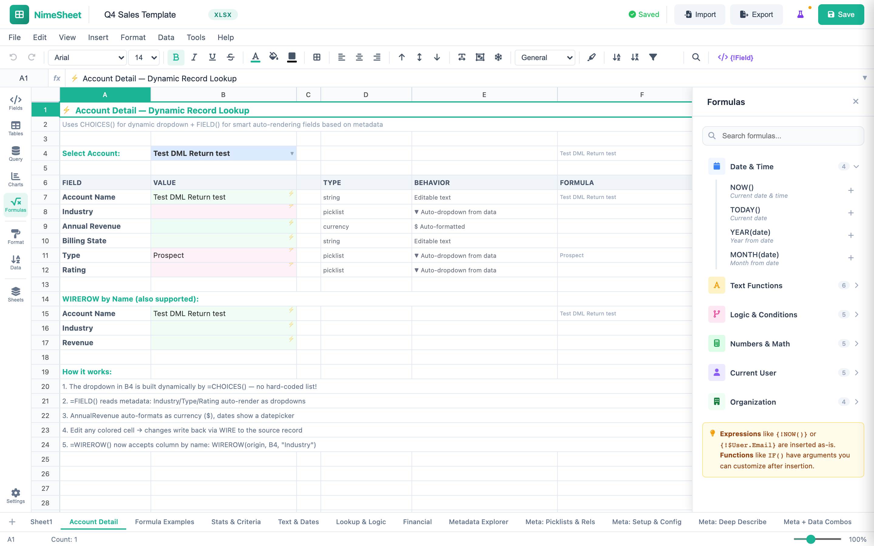 Formula panel showing Date/Time, Text Functions, Logic, Numbers and Math categories