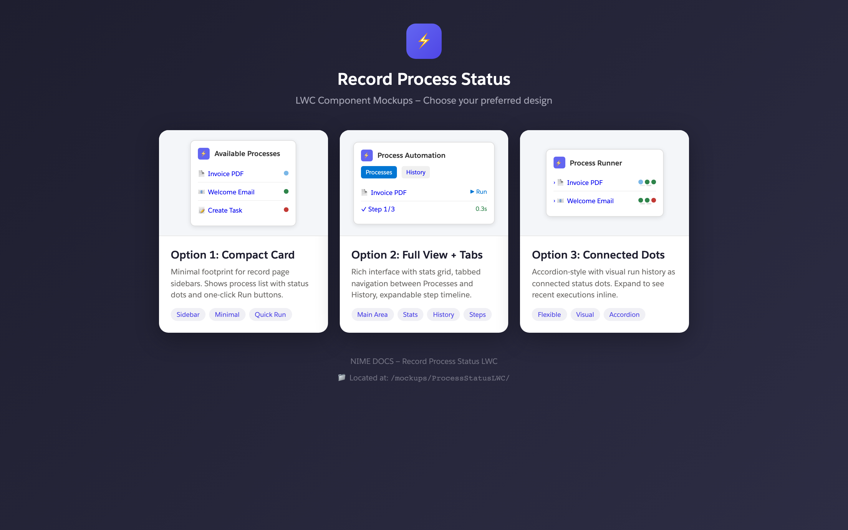 Three LWC design options for process status on Salesforce record pages