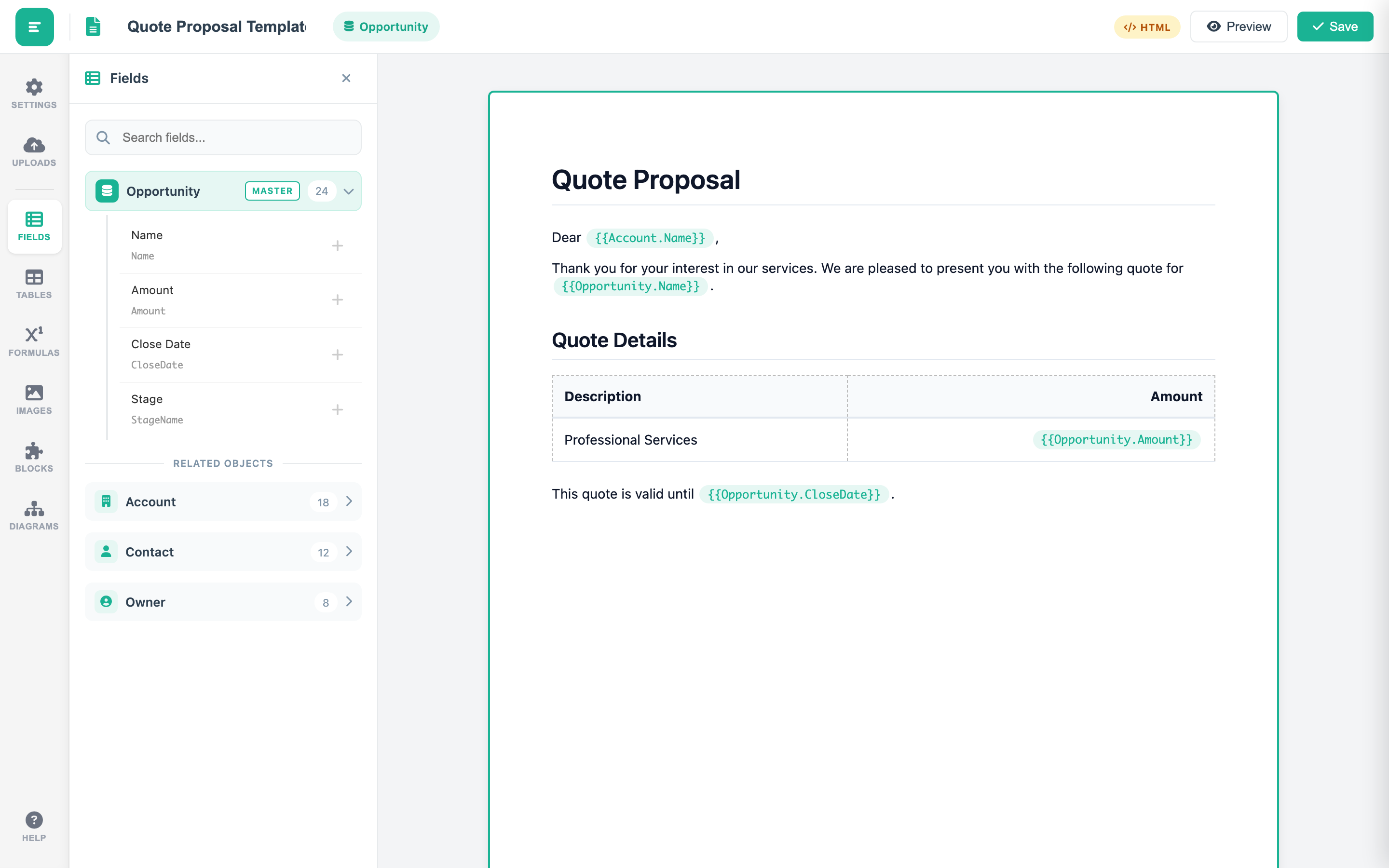 NimeDocs Template Editor — Quote Proposal template with merge fields and Salesforce field panel